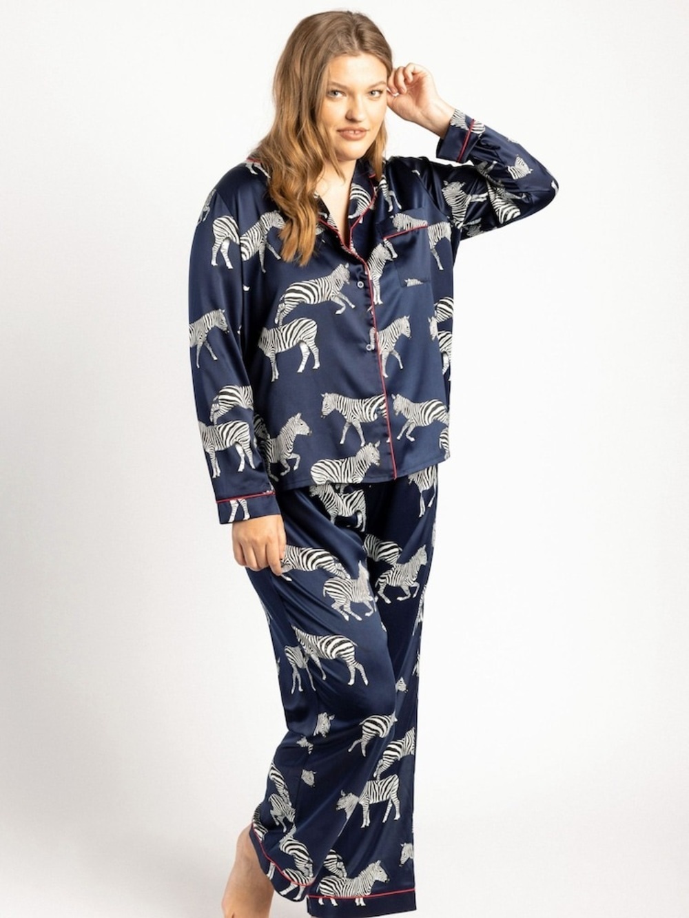 Chelsea Peers Curve Navy Blue Satin Pajama Set Zebra Print - Size 22